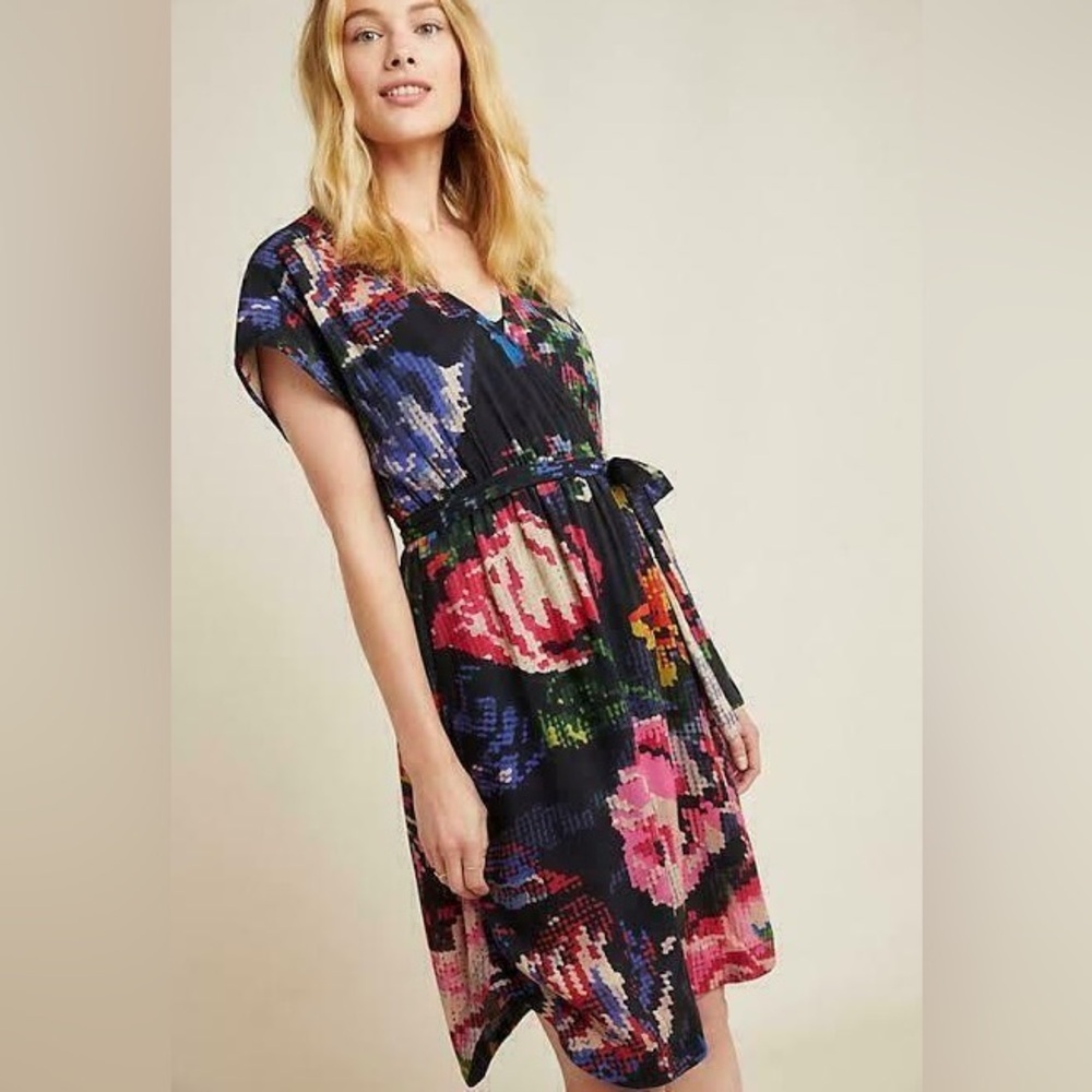 Anthropologie Sz XS Astrid Needlepoint Mini Dress Black Colorful Floral